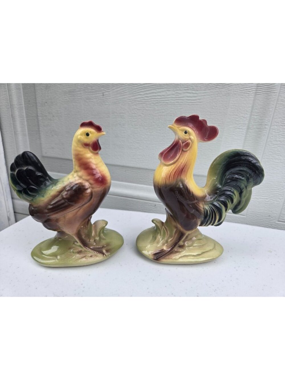 Vintage Ceramic Rooster & Hen Figurine Set Hand-Painted **Hen AS IS** Farmhouse